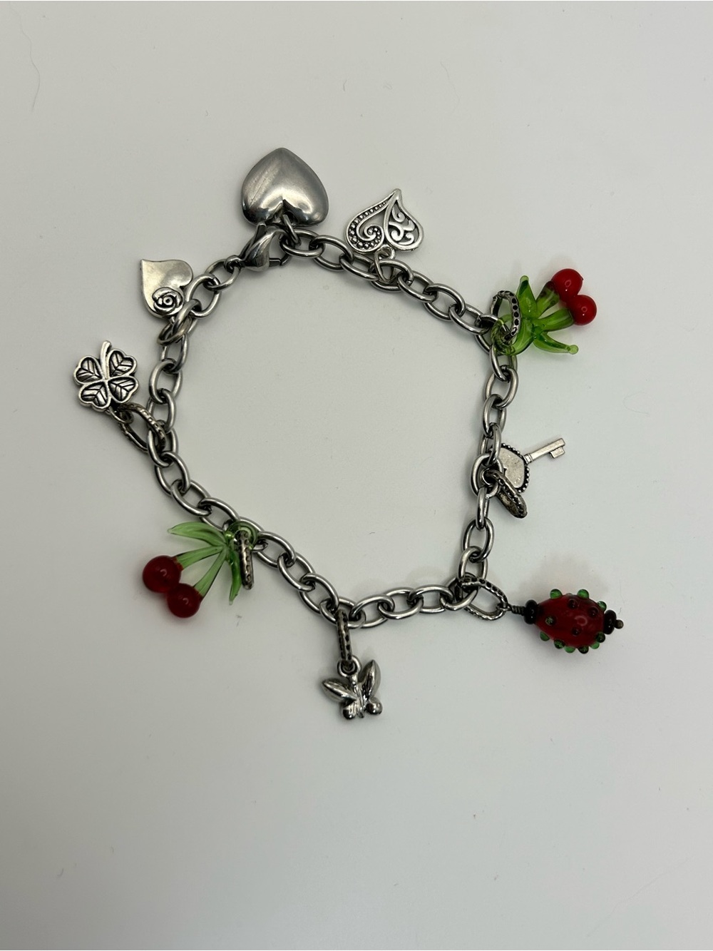 Red Cherry Charm Bracelet Silver-tone Strawberry Hearts Clover Oval Link 8" - Picture 3 of 10